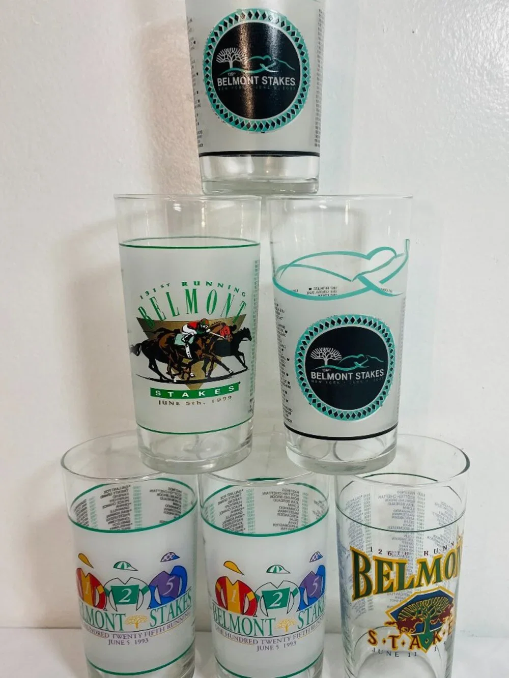 VNTG Lot Of 6 Belmont Stakes Commem Mint Julep Glasses 1993,1994 1999 2007 MINT